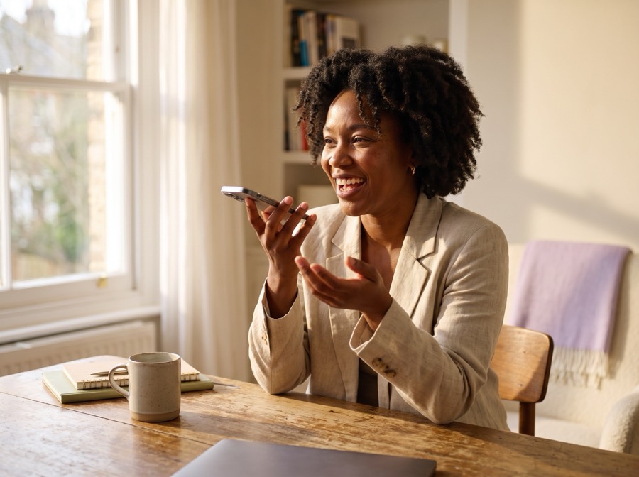 A woman sitting at a sunlit table, talking into her phone with an open hand gesture.