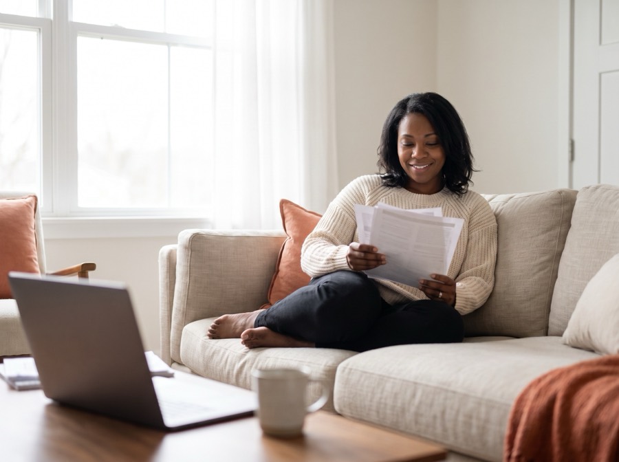 A woman on a bright sofa reading printed chapter pages, smiling as she reads.